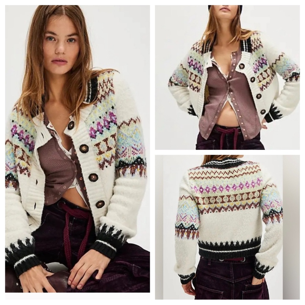 Free People Cream and Black Patterned Cardigan